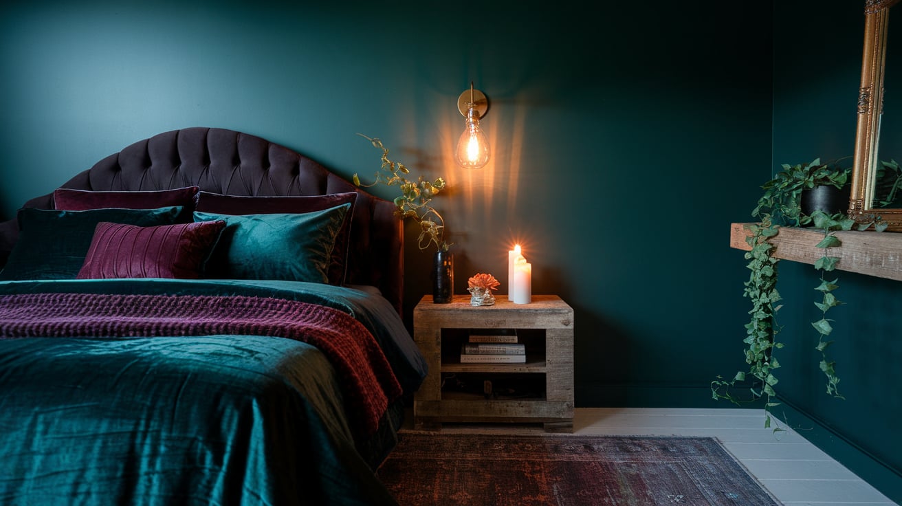 moody green bedroom with a deep emerald accent wall. A plush bed with dark velvet bedding in rich jewel tones, including burgundy and navy, sits against the wall. A vintage-inspired wall sconce casts a warm glow, enhancing the dark cozy bedroom aesthetic. The space features layered textures, including a chunky knit throw, a distressed area rug, and a raw wood nightstand holding a flickering candle and stacked books. Subtle vintage and boho decor elements, such as a gold-framed mirror, a botanical print, and a trailing plant, complete the moody romantic bedroom look.