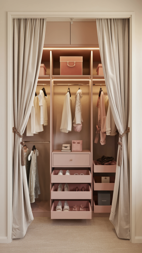 Elegant, space-saving wardrobe in a soft pink hue with illuminated shelves. Partially concealed by long, light-colored curtains, this minimalist bedroom closet features neatly organized hanging clothes, drawers for shoes and accessories, and stylish storage solutions. A decorative pink box and tassel-adorned curtain handle add a cozy, feminine touch, making this a perfect tiny bedroom storage idea