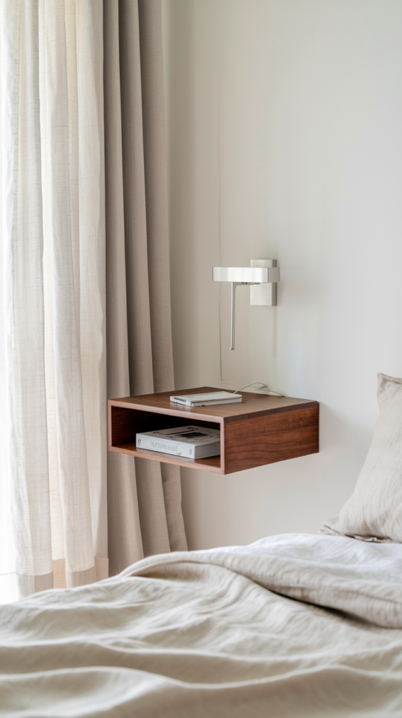 Serene minimalist bedroom with a space-saving wooden wall-mounted nightstand. A modern wall lamp, smartphone, and book rest neatly on the shelf, complementing the cozy bed with soft beige linens. A long, light-colored curtain filters natural light, enhancing the airy and calming ambiance—perfect for small bedroom solutions and space-saving furniture ideas