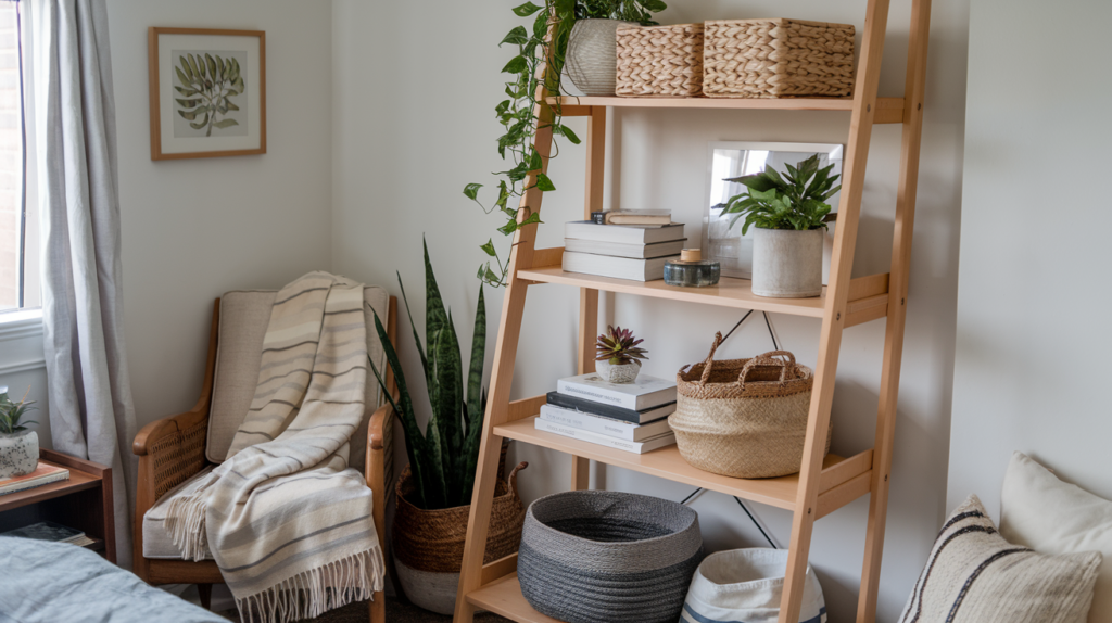 Small bedroom solutions with a cozy, space-saving corner. A tall wooden shelving unit maximizes storage, holding books, baskets, and potted plants, with a trailing vine cascading down. A wooden chair with a striped blanket adds warmth, next to a small table with greenery. Soft white walls, minimalist decor, and a framed leaf artwork create a stylish, clutter-free look. Natural light filters through a window with light gray curtains, making this tiny bedroom feel bright and airy