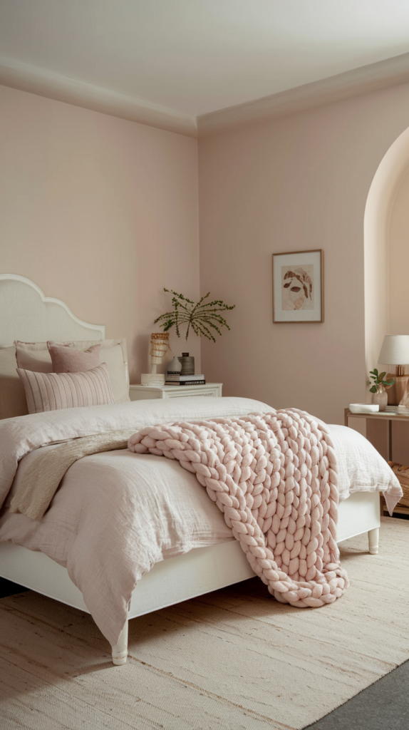 Serene minimalist bedroom with a soft pink and neutral color palette. A white-framed bed with pink bedding and a chunky knit blanket sits centrally, creating a cozy focal point. A white nightstand with a potted plant and framed artwork adds charm, while a decorative mirror on the light pink wall enhances the space. A window with a white frame lets in natural light, illuminating the beige rug and warm, inviting ambiance—perfect for small bedroom solutions and cozy room decor.