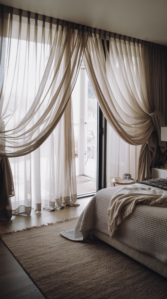 Serene minimalist bedroom with a large window draped in sheer beige curtains, allowing soft sunlight to filter in. A cozy bed near the window features a textured white blanket and a light gray throw, creating a tranquil atmosphere. The wooden floor extends to a dark brown rug, adding warmth. A white nightstand with a table lamp and decor completes this cozy small bedroom idea, perfect for space-saving and relaxation