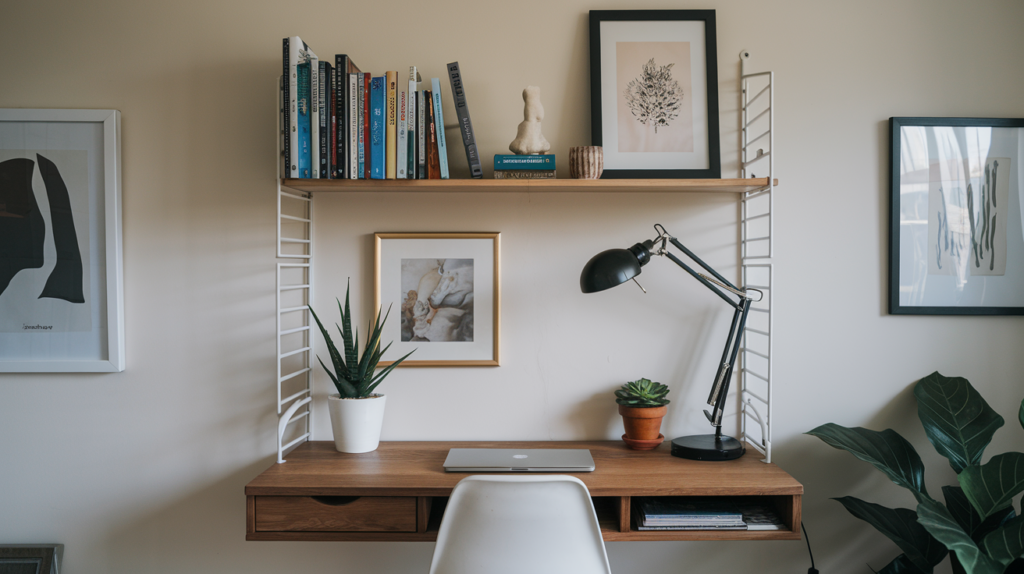 Space-saving bedroom workspace with a minimalist wooden desk against a beige wall. A white chair complements the desk, while a floating shelf above holds books, framed art, and decorative items. A laptop, potted succulent, and small plant add warmth to the organized study nook, blending seamlessly into the bedroom.