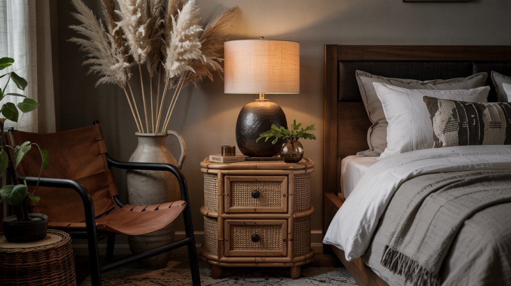 A moody bedroom corner featuring a dark wood bedframe, textured rattan nightstand, leather accent chair, and dried pampas grass in a ceramic vase. The lighting is soft and warm, creating a cozy, organic atmosphere with earthy materials layered against deep-toned walls.